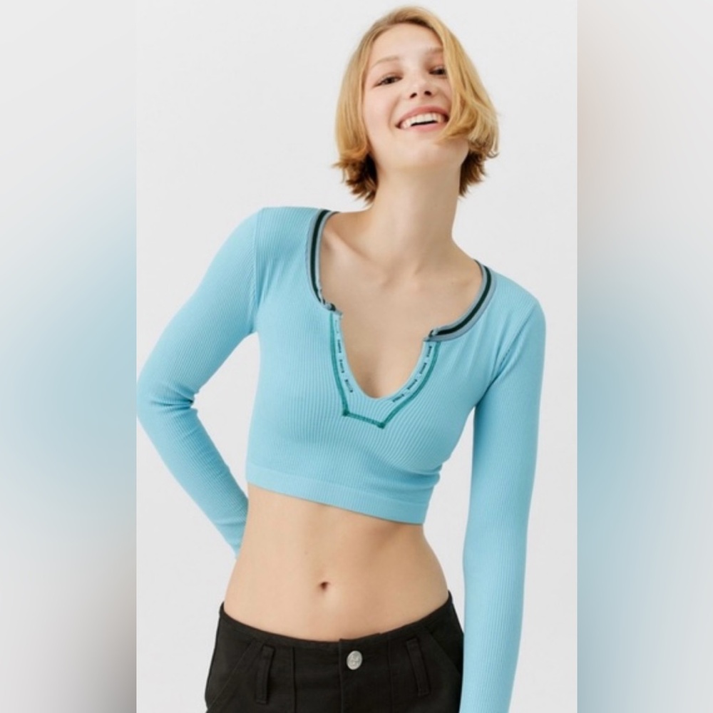 Urban Outfitters Light Blue Ribbed Long Sleeve Crop Top